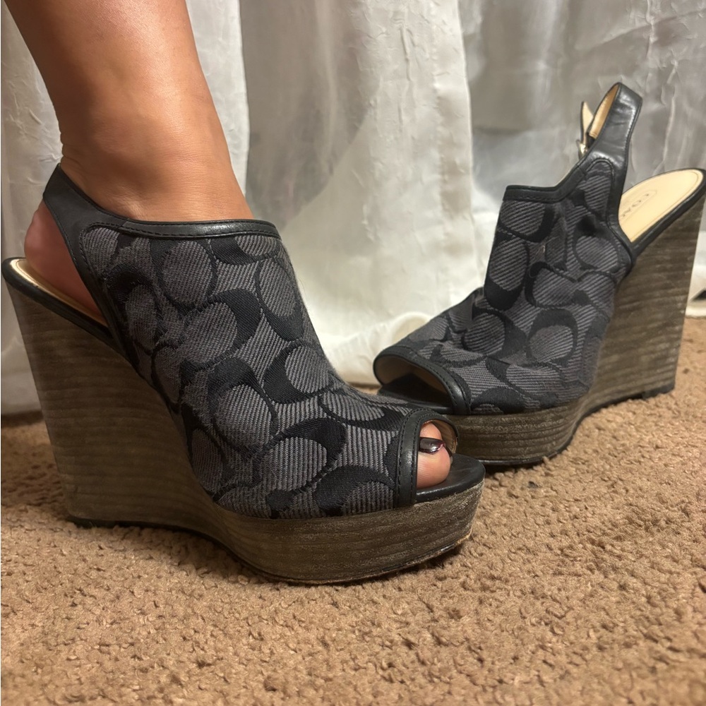 Black COACH wedge peep toe wedges